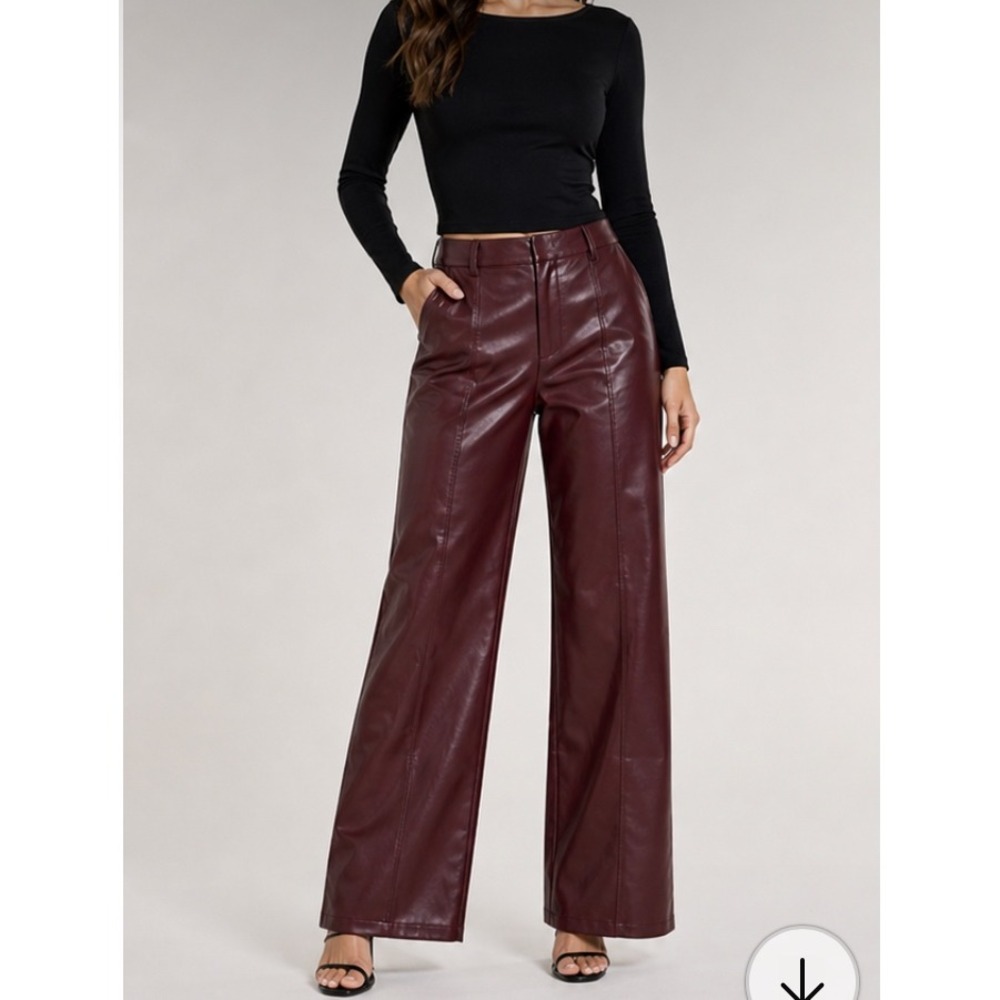 Commense Burgundy Faux Leather Wide Leg Pants High Waisted Maroon Small NEW
